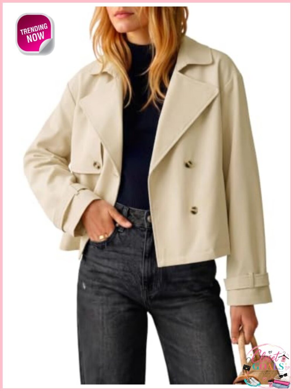 Womens Cropped Trench Coat Double Breasted Short Raglan Sleeve